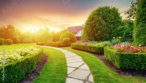 country lane in the morning natural landscape Beautiful manicured lawn and flowerbed with deciduous shrubs on private plot and track to house against backlit bright warm sunset evening light on backgr © Bilal