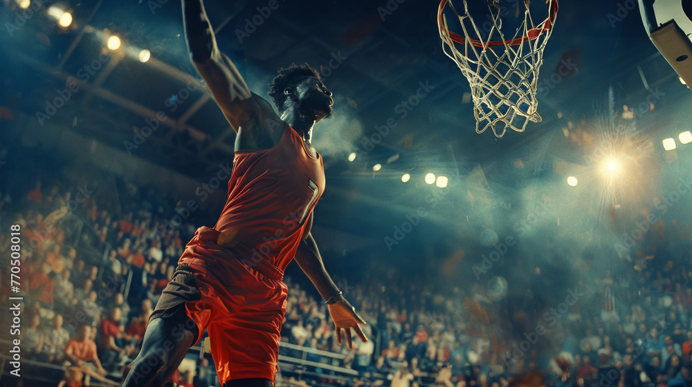 Naklejka premium Energetic slam dunk by national basketball superstar, audience cheering, intense atmosphere
