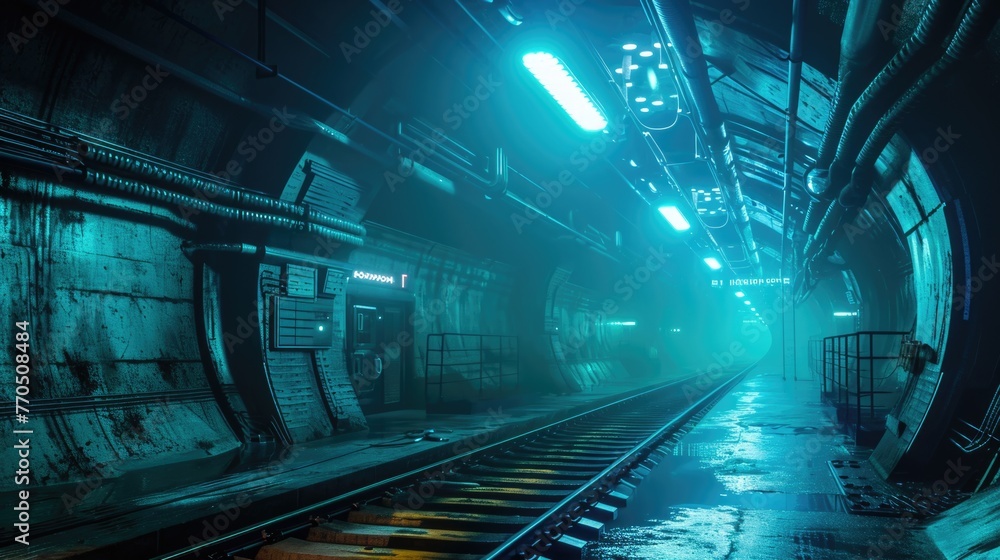 Fototapeta premium Futuristic subway station with neon lights and wet surfaces.