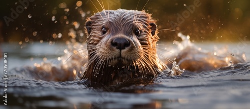 A carnivorous member of the Mustelidae family, the otter gracefully swims in the fluid element of water with its sleek body and playful demeanor © AkuAku
