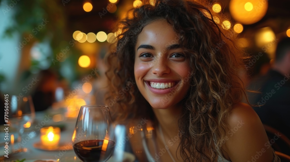 Joyful Woman Enjoying Wine at a Cozy Restaurant Joyful Woman Enjoying Wine at a Cozy Restaurant