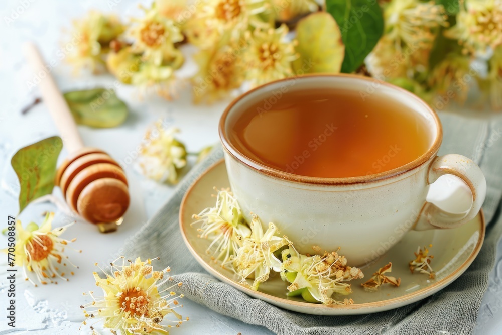 Cup of tea with honey and linden flowers. Still life composition with copy space. Cup of tea with honey and linden flowers. Still life composition with copy space.