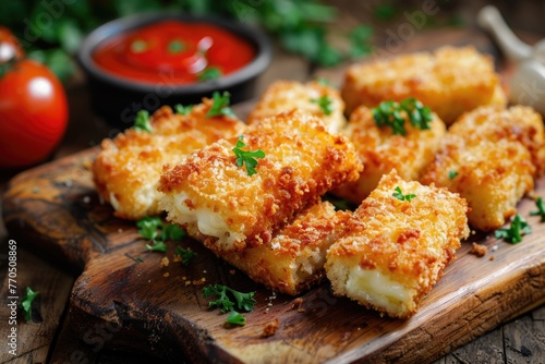 Fried cheese sticks with seasoning on dark wooden board.