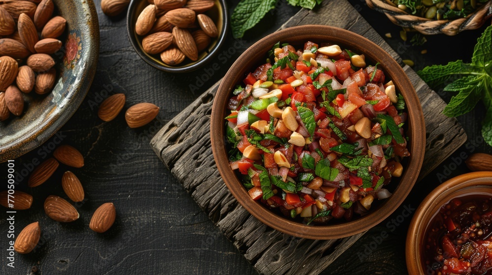 Fresh tomato and herb salad in a ceramic bowl with almonds on a patterned tablecloth Fresh tomato and herb salad in a ceramic bowl with almonds on a patterned tablecloth