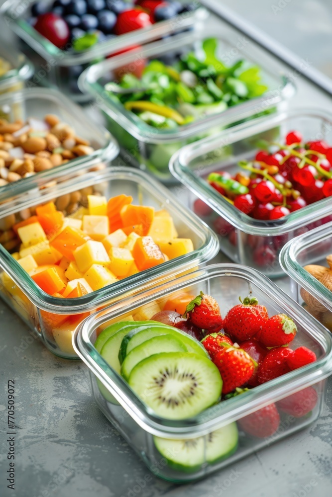 Assorted fresh fruits and vegetables in clear storage containers.