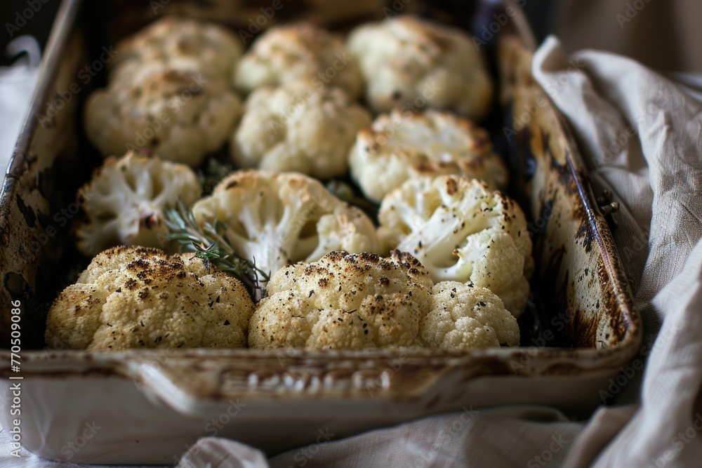 Roasted cauliflower in a baking dish. Close-up food photography.