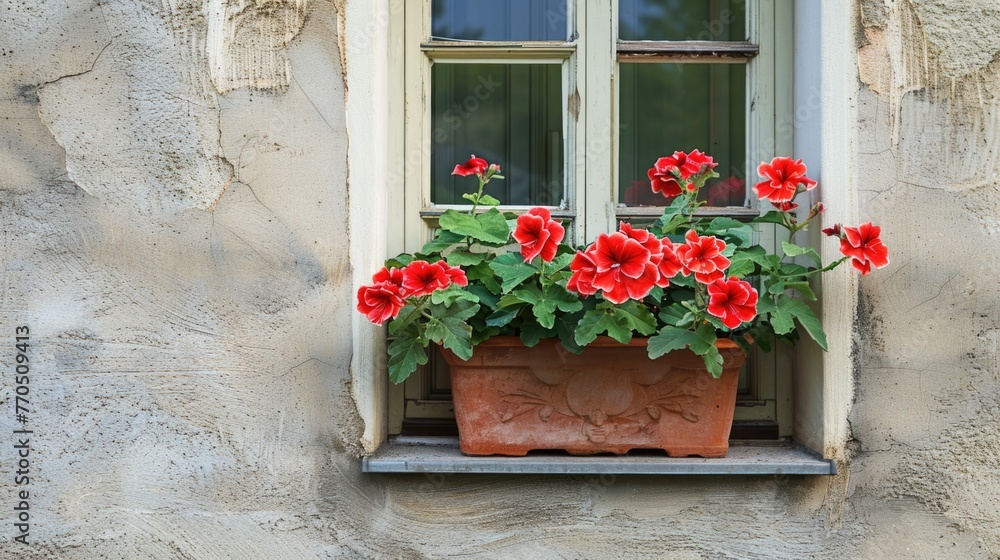 Red geranium flowers in terracotta pots on a rustic window ledge. Red geranium flowers in terracotta pots on a rustic window ledge.