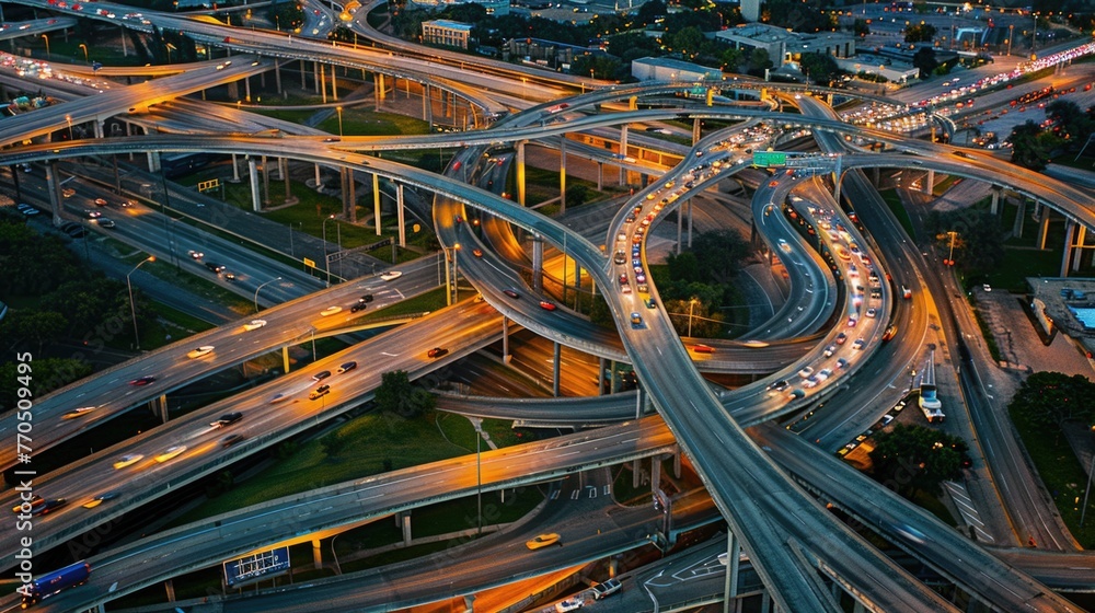 Aerial view of intricate city highway interchange at night with light trails. Aerial view of intricate city highway interchange at night with light trails.