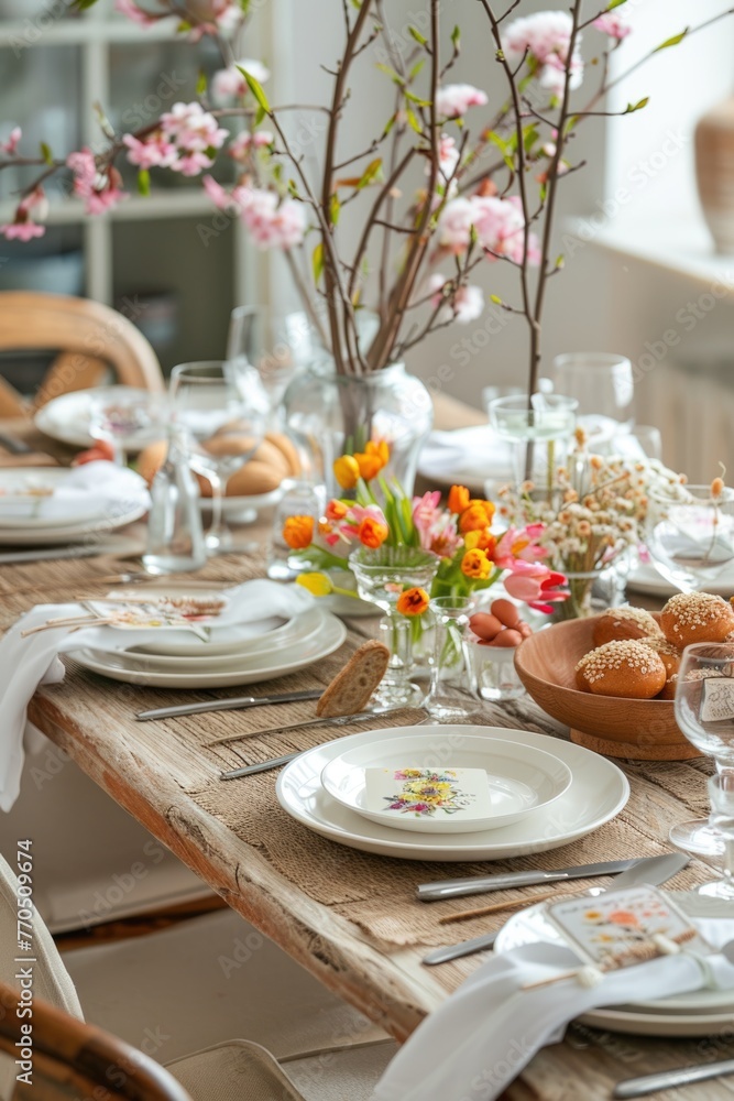 Easter table setting with vibrant flowers, painted eggs, and decorative plates. Easter table setting with vibrant flowers, painted eggs, and decorative plates.
