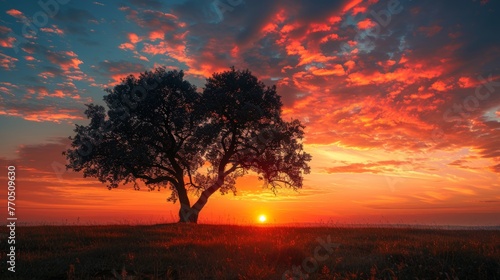 Sunset behind a solitary tree with colorful sky