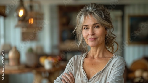 Confident mature woman with crossed arms in a home kitchen.