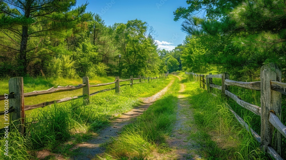 Rural country road with wooden fence and lush greenery.