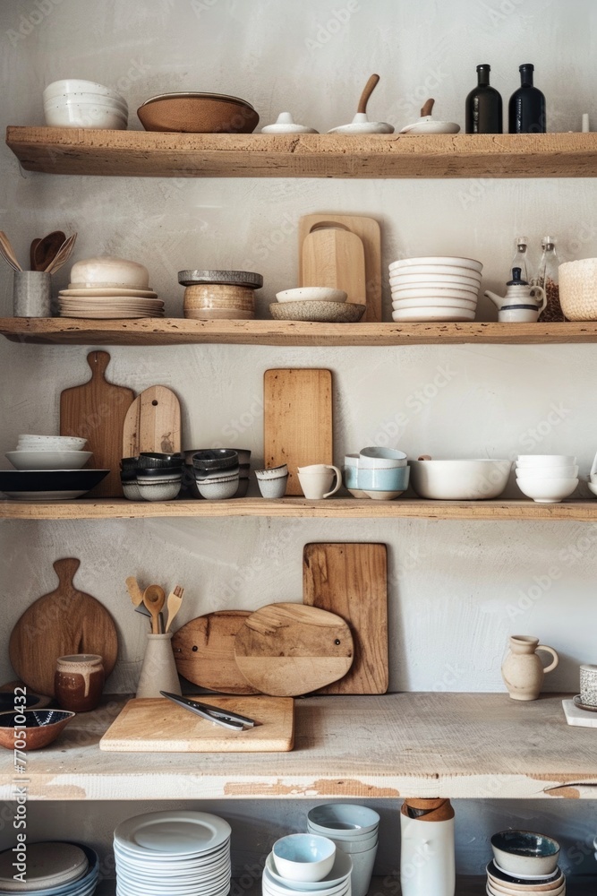 Neutral toned kitchenware display on open shelving. Neutral toned kitchenware display on open shelving.