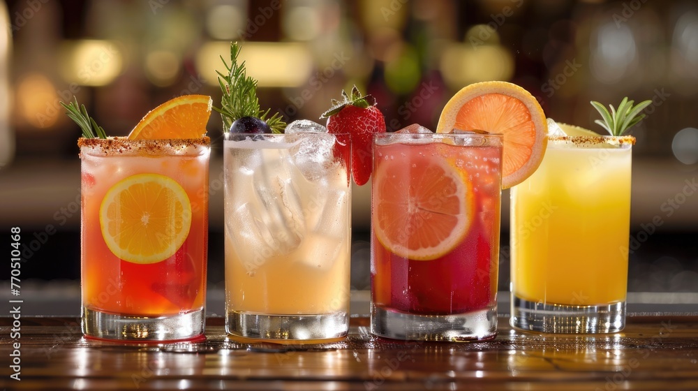 Assorted fruit cocktails with garnishes on a bar counter