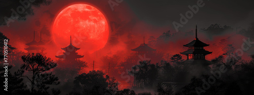 Blood moon over traditional Asian temples in misty landscape