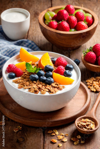 Healthy delicious breakfast. Morning food - bowl with granola fruits greek yogurt parfait and ingredients on wooden table.
