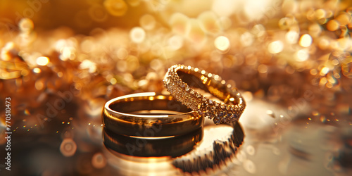 Wedding rings lie on a beautiful bouquet as bridal accessories , Two wedding rings on top of each other close up,Gold jewelry background blurry. 