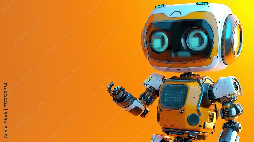 Cute robot character on studio background with copy space Cute robot character on studio background with copy space