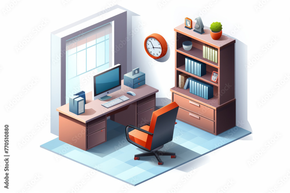 Detailed isometric representation of a contemporary private office space with a computer, bookshelf, and clock