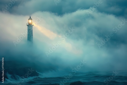 A lighthouse shining through dense fog, guiding ships, a metaphor for vision and leadership photo