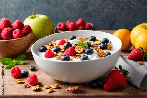Healthy delicious breakfast. Morning food - bowl with granola fruits greek yogurt parfait and ingredients on wooden table. photo