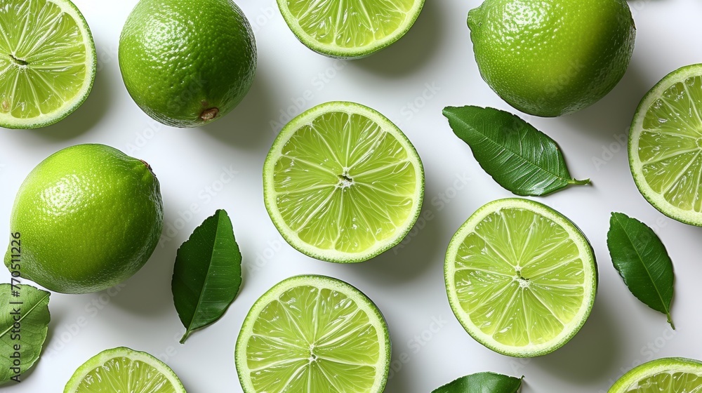 Top view of fresh limes and lime slices on white background