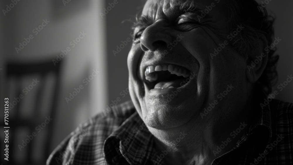 A man's heartfelt laughter captures pure, uninhibited joy in a black and white portrait. A man's heartfelt laughter captures pure, uninhibited joy in a black and white portrait.