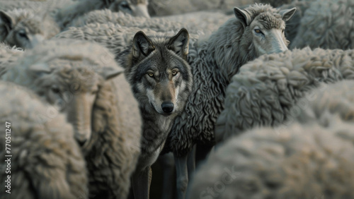 A wolf in sheep's clothing stands amidst a flock, an allegory for deception.