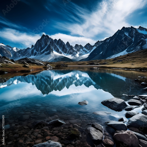 A serene mountain lake with a reflection of snow-cap