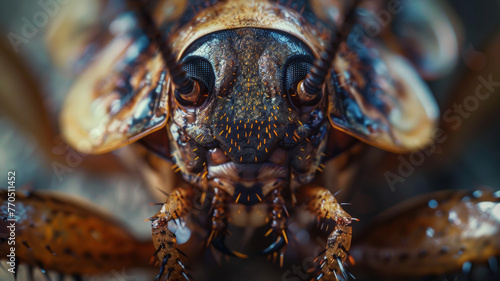 Close-up of an intricate locust, showcasing the detailed textures of its exoskeleton.