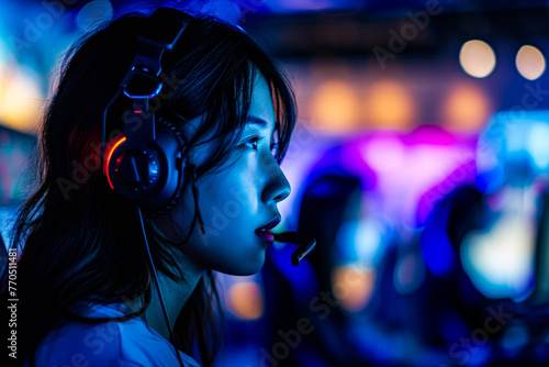 Vibrant image of a person wearing headphones, immersed in a neon-lit gaming environment with a colorful atmosphere