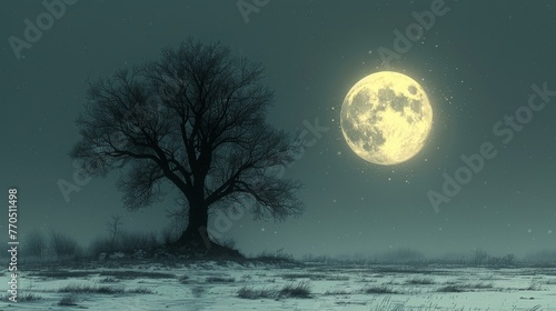 Full moon over a solitary tree in a winter landscape