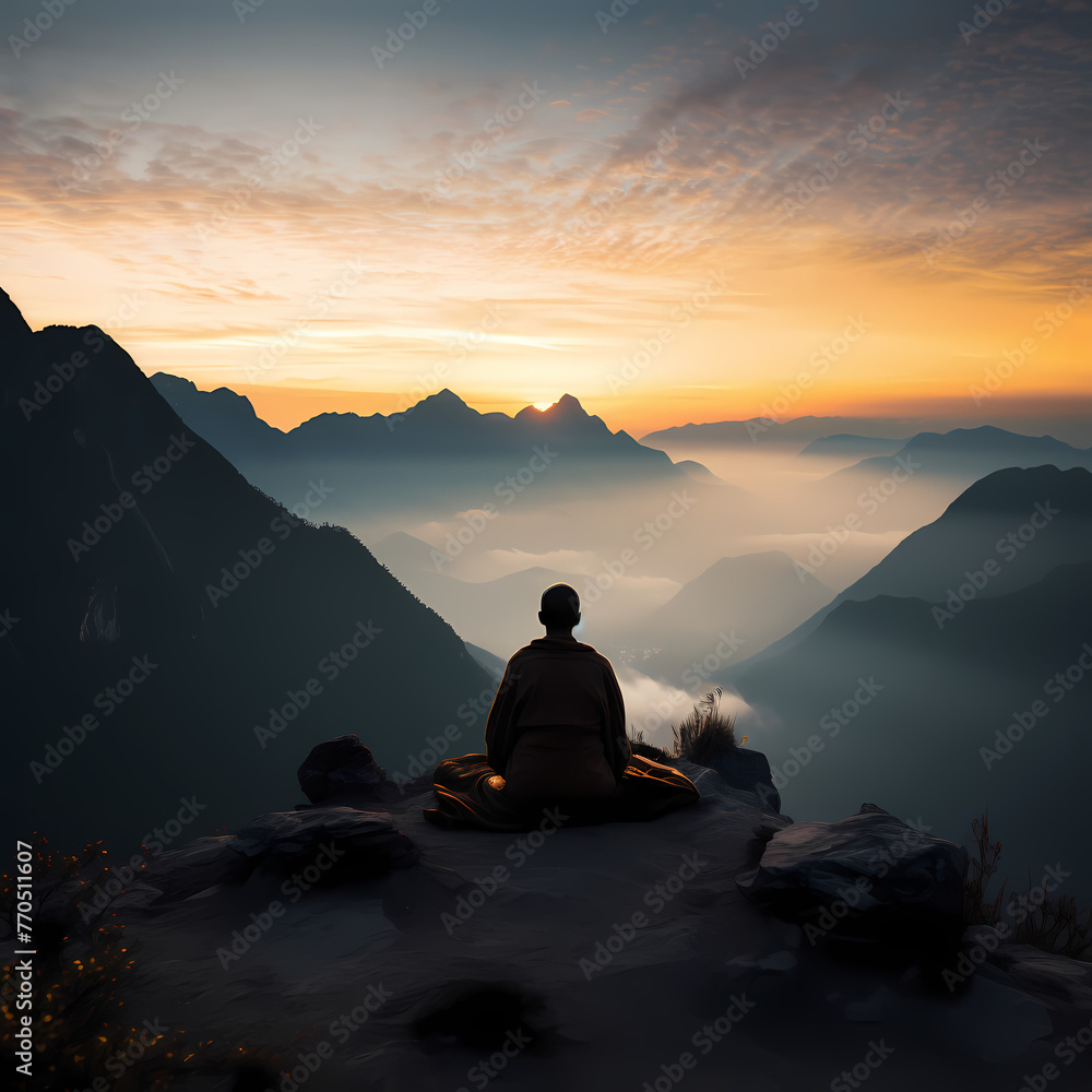 A silhouette of a person practicing meditation on a mountain top