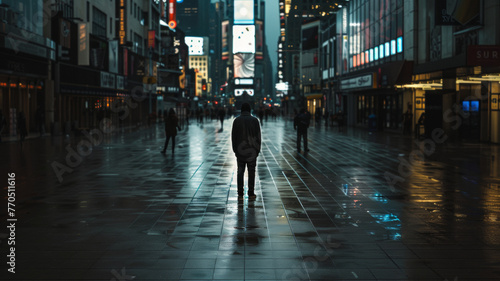 A solitary figure ventures through a deserted Times Square under an enigmatic twilight.