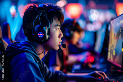 A male gamer deeply engrossed in a serious online gaming session with neon lighting and atmosphere photo