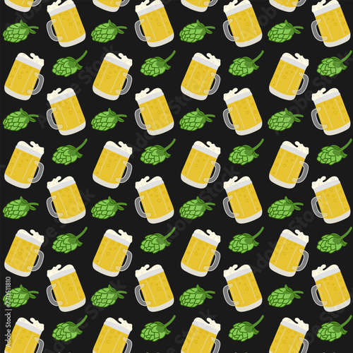 Flat beer mug seamless pattern. Dark theme. Hand drawn beer glass and hops on black background. St Patricks day traditional concept. Unique print design for textile, wallpaper, wrapping