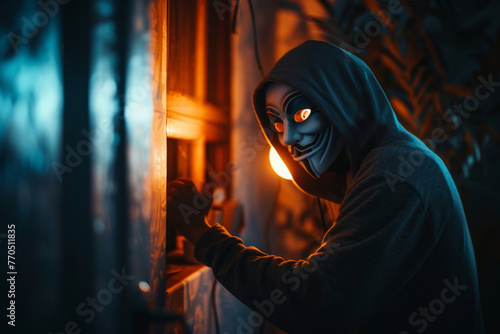 Tense moment captured as a burglar wearing a hoodie tries to unlock a window in the dark, conveying crime and danger photo