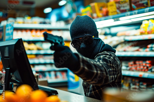 Chilling scene of a masked robber aiming a firearm at a grocery store cashier, highlighting robbery and public safety concerns photo