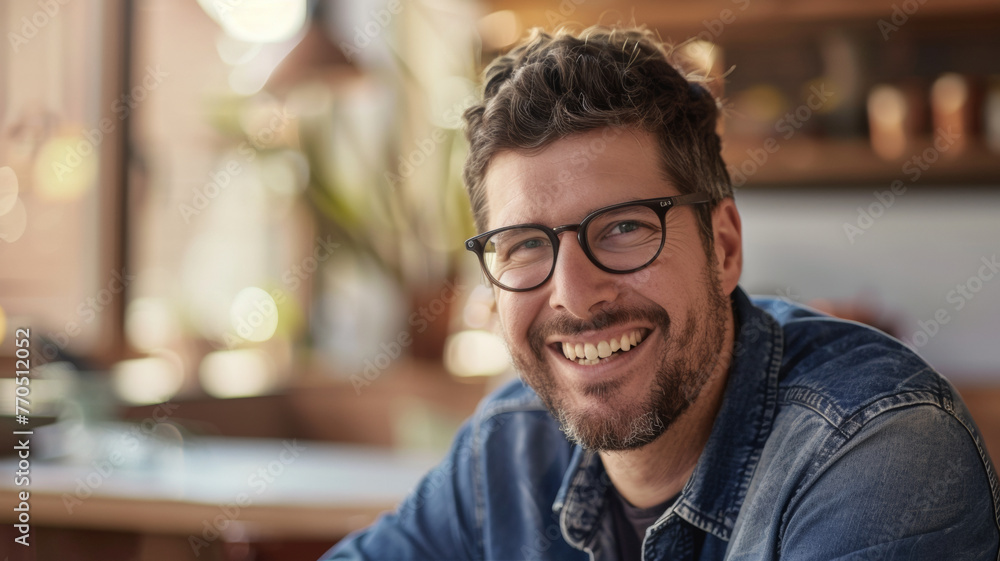 Obraz premium A cheerful man with glasses smiling warmly, embodying contentment and approachability.