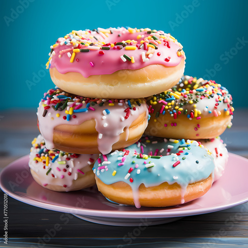 A stack of colorful donuts on a plate.