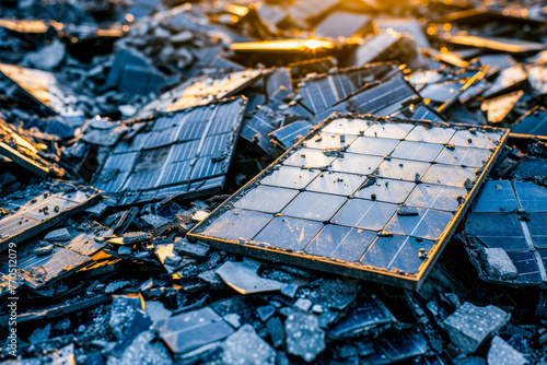 Broken solar panels amidst shattered glass and fragments represent a scene of destruction and the end of a technology era © Tixel