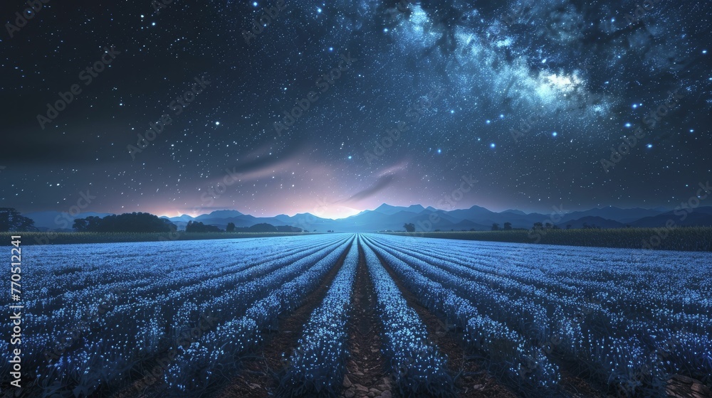 an energy harvesting field, with rows of quantum energy converters under a starry night sky. - obrazy, fototapety, plakaty 