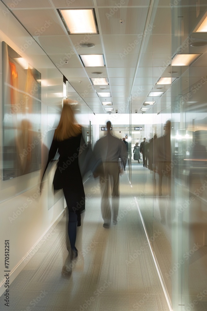 Busy office corridor with motion blur of workers, embodying corporate hustle