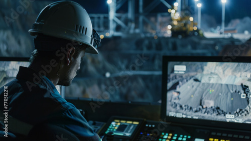 A worker monitors mining operations at night, showcasing industrial control and vigilance.
