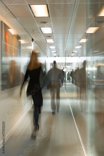 Busy office corridor with motion blur of workers, embodying corporate hustle
