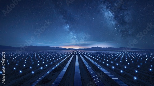 Rows of quantum energy converters create a mesmerizing pattern under the serene starlit sky in an energy harvesting field.