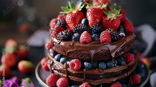 A decadent birthday cake adorned with layers of chocolate ganache and fresh fruit.