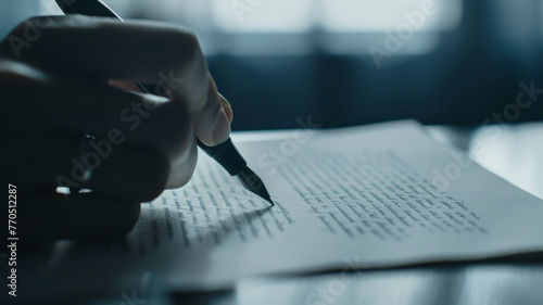 A person's hand pensively writes on a paper, immersed in thought and creativity.