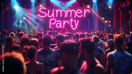 A bustling summer party scene, vibrant neon signs proclaim 'Summer Party' above a crowd of joyous people with beams of light piercing the backdrop. summer party, music festival background