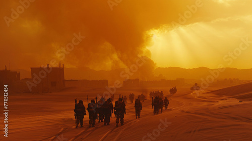 Soldiers marching through a desert in a dust-filled, dramatic sunset. © VK Studio